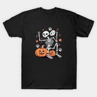 human skeleton sitting with dog skeleton halloween T-Shirt